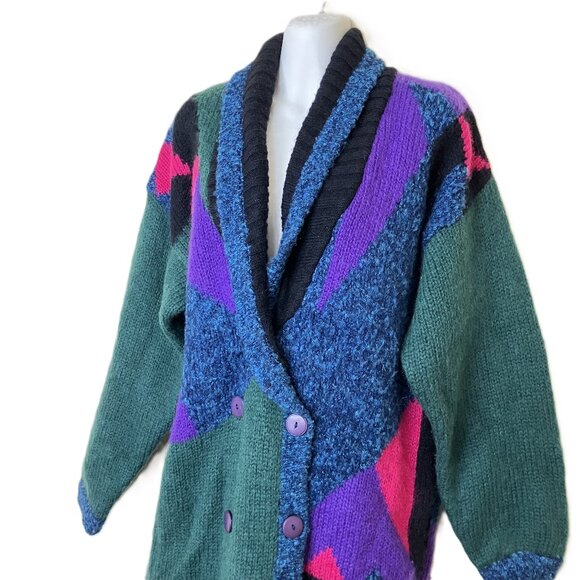 La Monte Mohair Blend Knit Cardigan Sweater Jacket Vintage Jewel Tone Geometric - Picture 10 of 11